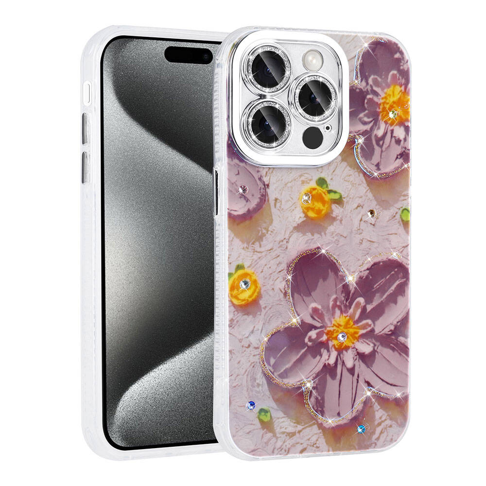 iPhone Uyumlu 14 Pro Max Kılıf Çiçek Desenli Parlak Taşlı Sert Silikon Zore Garden Kapak-Mor