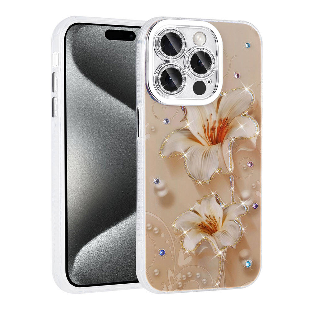 iPhone Uyumlu 14 Pro Max Kılıf Çiçek Desenli Parlak Taşlı Sert Silikon Zore Garden Kapak-Pembe açık