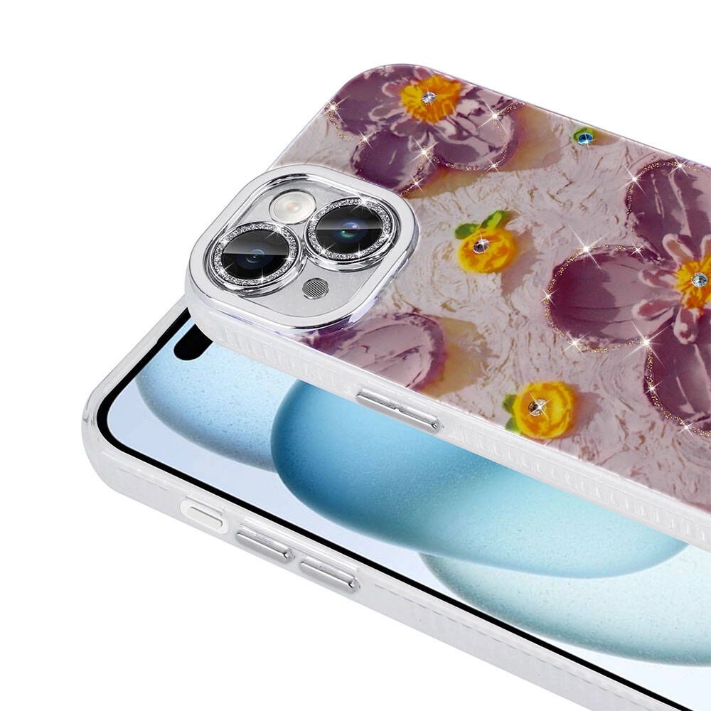 iPhone Uyumlu 15 Kılıf Çiçek Desenli Parlak Taşlı Sert Silikon Zore Garden Kapak