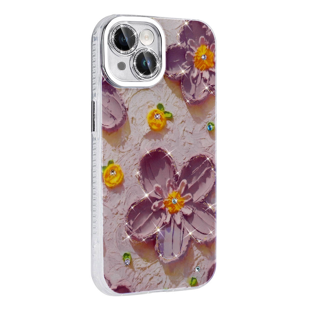 iPhone Uyumlu 15 Kılıf Çiçek Desenli Parlak Taşlı Sert Silikon Zore Garden Kapak