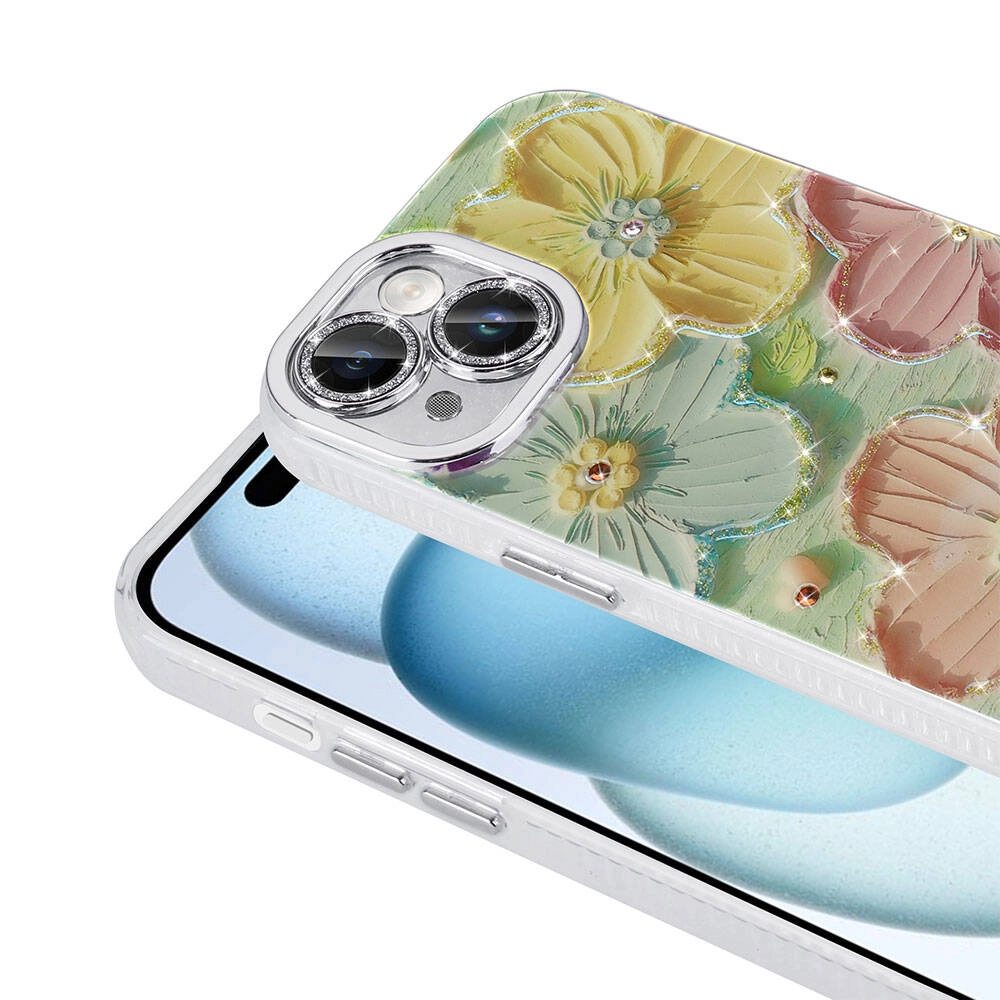 iPhone Uyumlu 15 Kılıf Çiçek Desenli Parlak Taşlı Sert Silikon Zore Garden Kapak