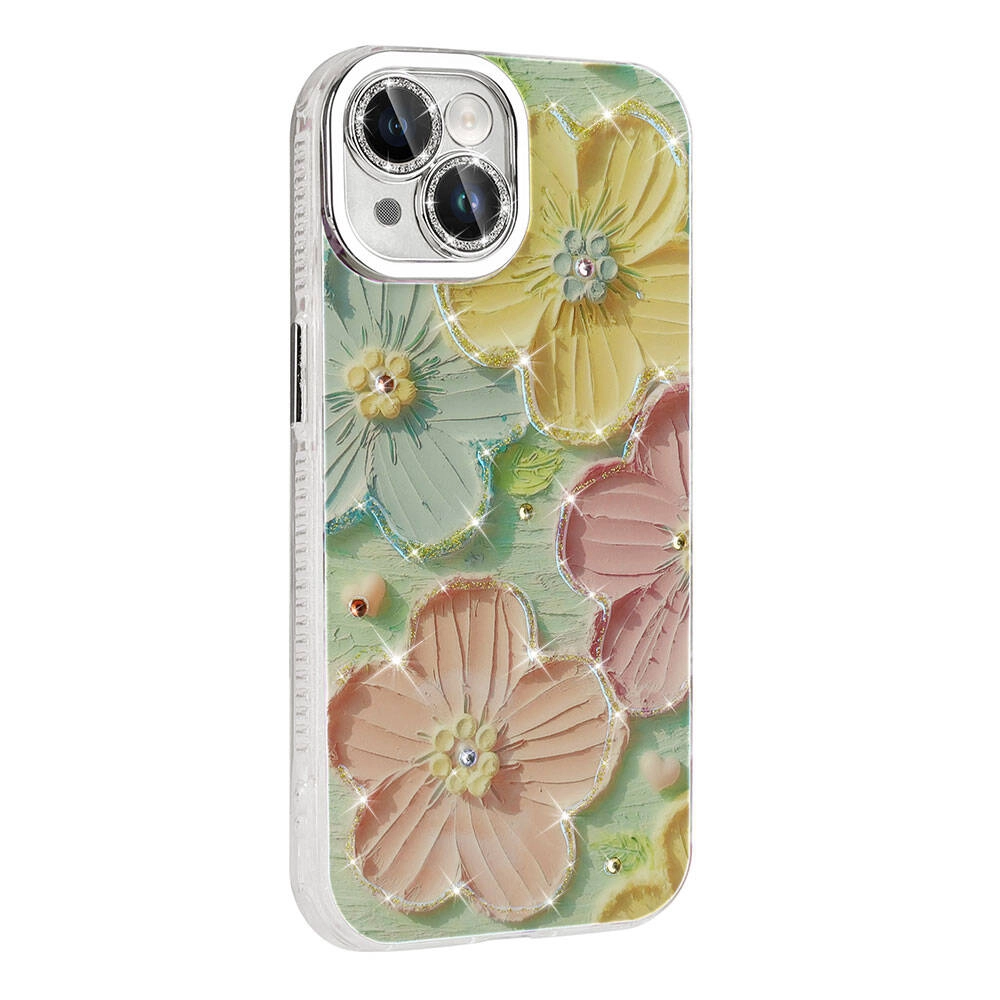 iPhone Uyumlu 15 Kılıf Çiçek Desenli Parlak Taşlı Sert Silikon Zore Garden Kapak