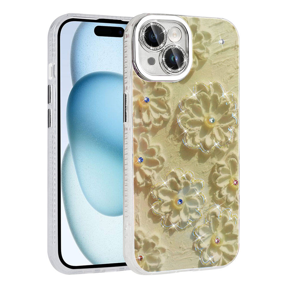 iPhone Uyumlu 15 Kılıf Çiçek Desenli Parlak Taşlı Sert Silikon Zore Garden Kapak-Beyaz