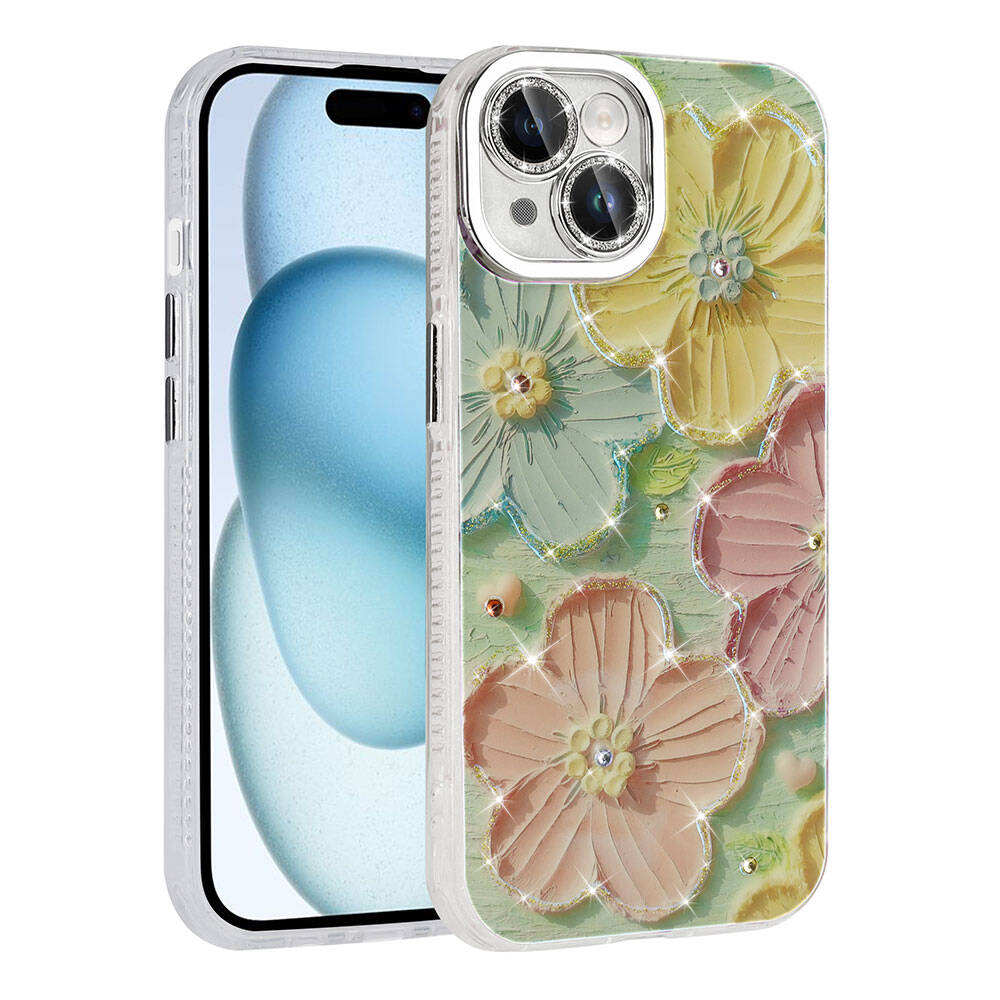 iPhone Uyumlu 15 Kılıf Çiçek Desenli Parlak Taşlı Sert Silikon Zore Garden Kapak-Colorful