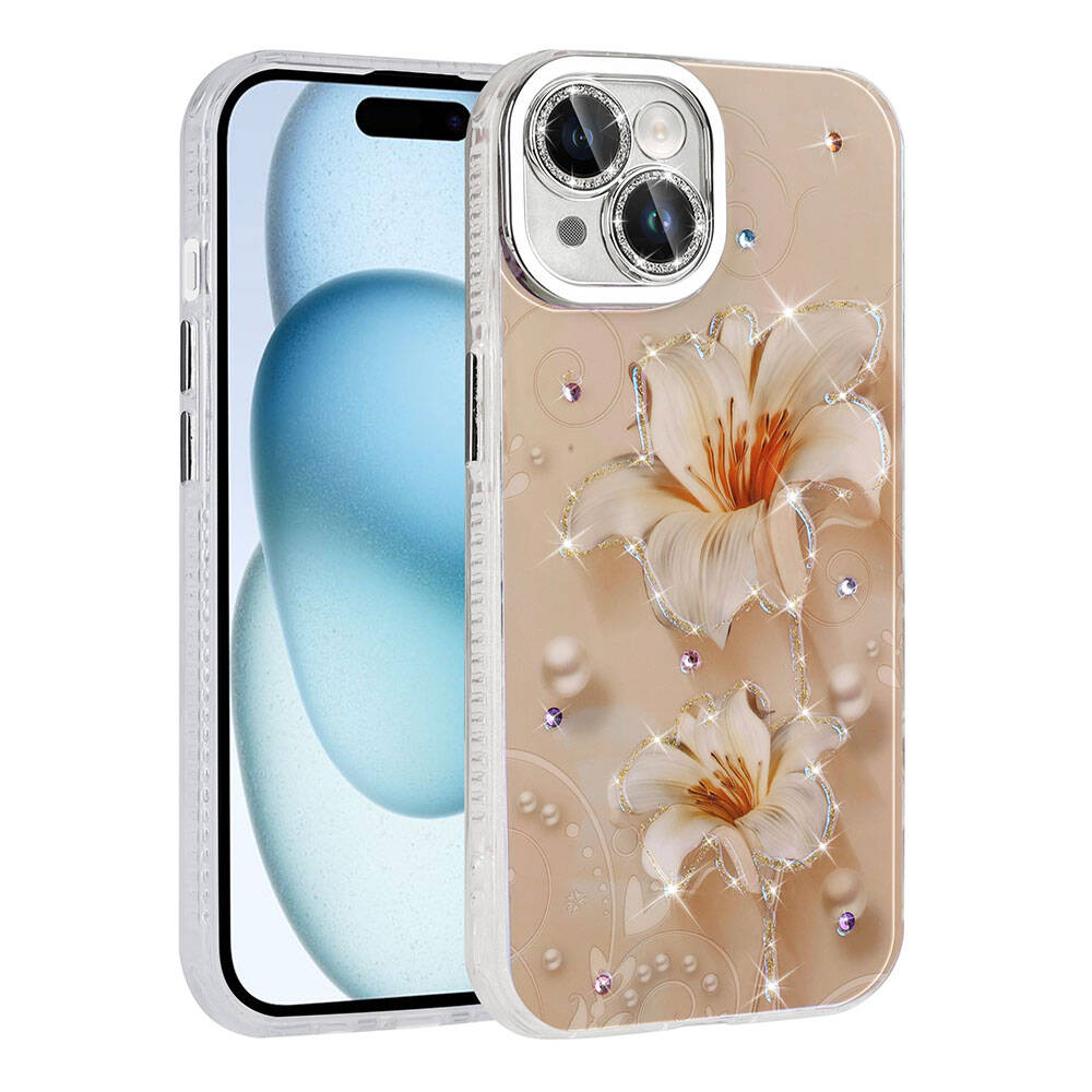 iPhone Uyumlu 15 Kılıf Çiçek Desenli Parlak Taşlı Sert Silikon Zore Garden Kapak-Pembe açık