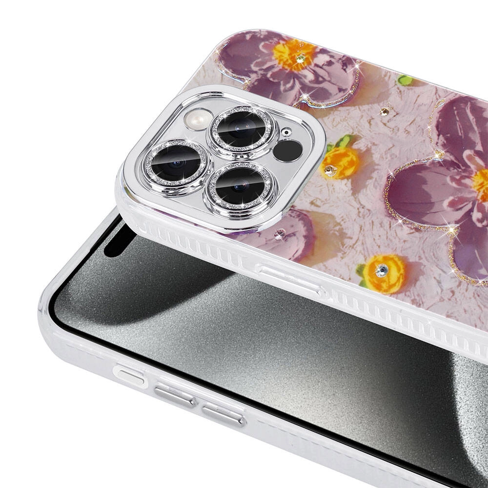 iPhone Uyumlu 15 Pro Max Kılıf Çiçek Desenli Parlak Taşlı Sert Silikon Zore Garden Kapak
