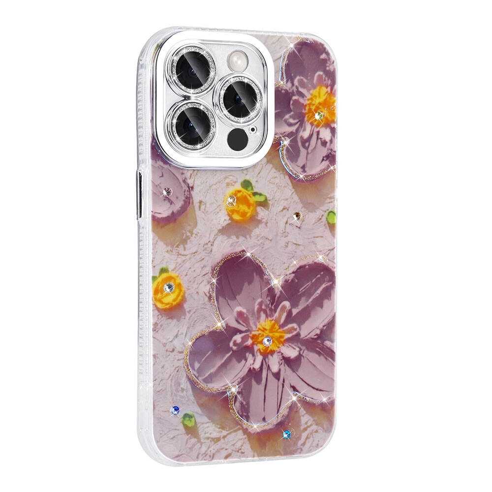 iPhone Uyumlu 15 Pro Max Kılıf Çiçek Desenli Parlak Taşlı Sert Silikon Zore Garden Kapak