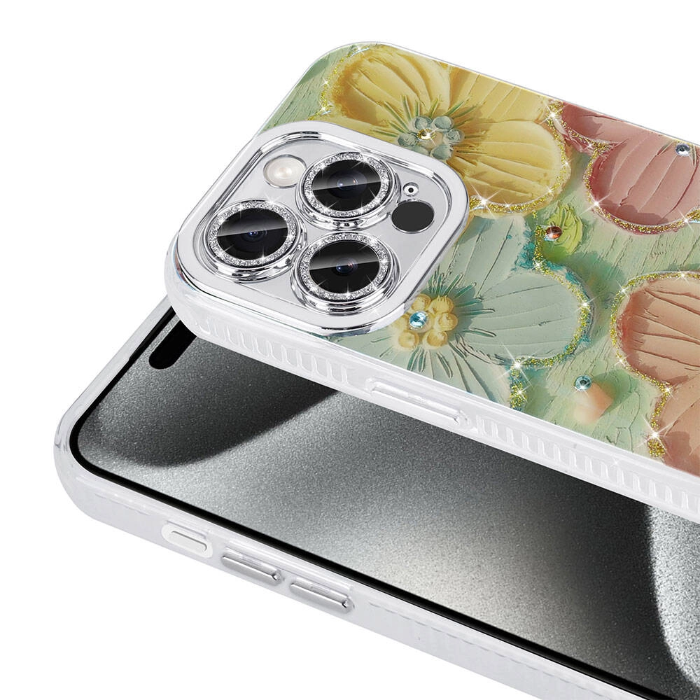 iPhone Uyumlu 15 Pro Max Kılıf Çiçek Desenli Parlak Taşlı Sert Silikon Zore Garden Kapak