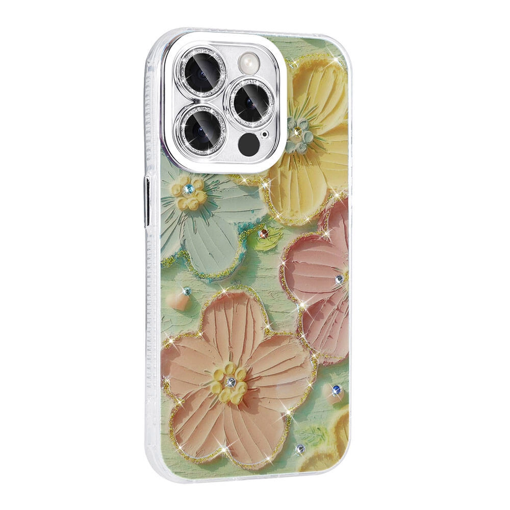 iPhone Uyumlu 15 Pro Max Kılıf Çiçek Desenli Parlak Taşlı Sert Silikon Zore Garden Kapak