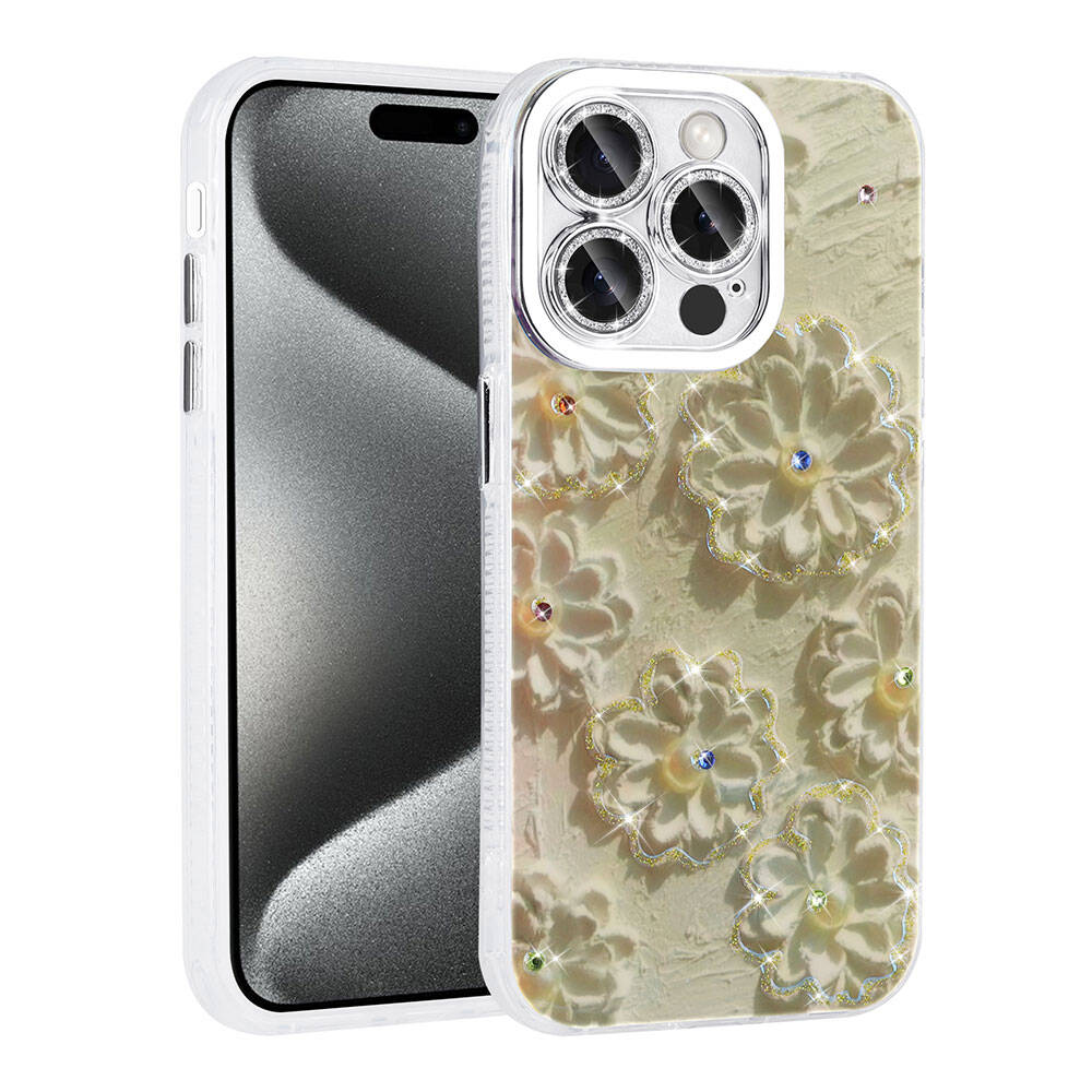 iPhone Uyumlu 15 Pro Max Kılıf Çiçek Desenli Parlak Taşlı Sert Silikon Zore Garden Kapak-Beyaz