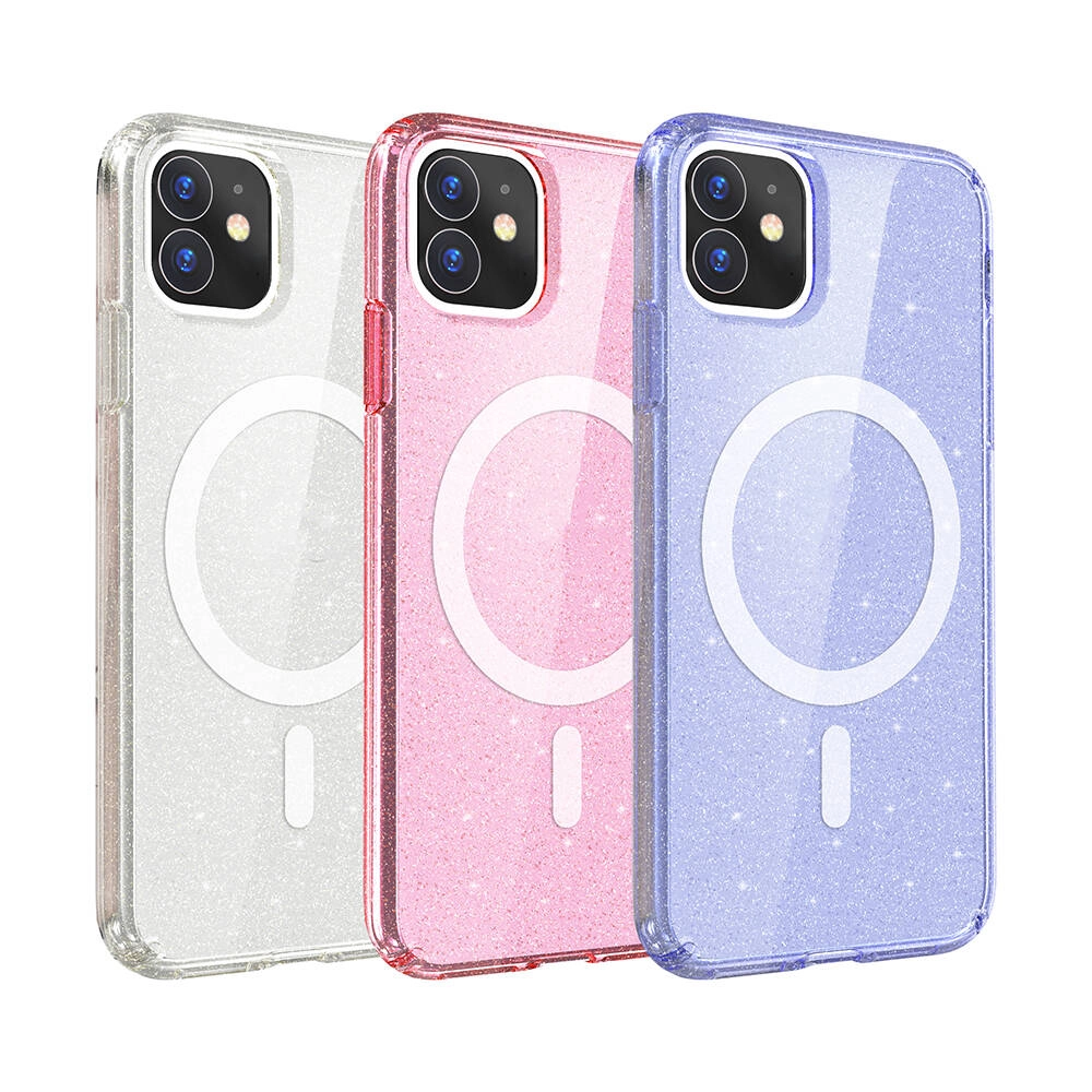 iPhone Uyumlu 11 Kılıf M-safe Şarj Özellikli Parlayan Simli Saydam Renkli Zore Allstar Kapak