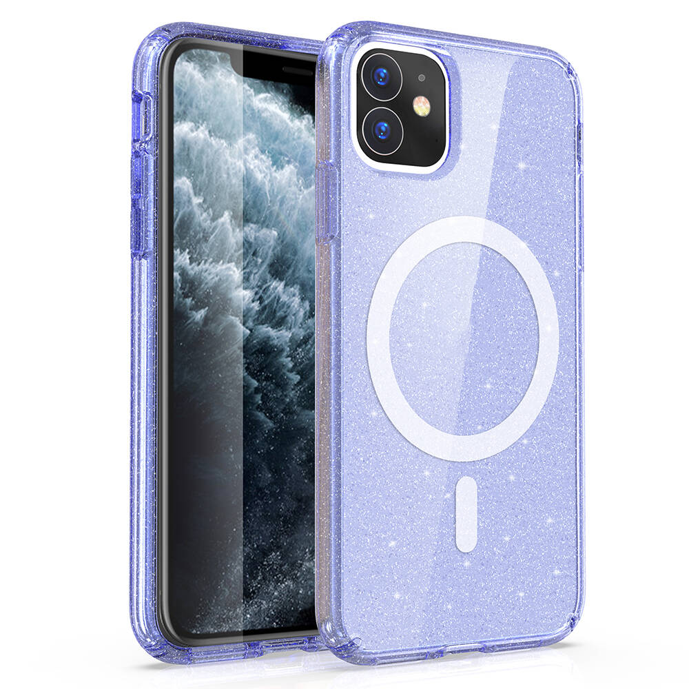 iPhone Uyumlu 11 Kılıf M-safe Şarj Özellikli Parlayan Simli Saydam Renkli Zore Allstar Kapak-Mor
