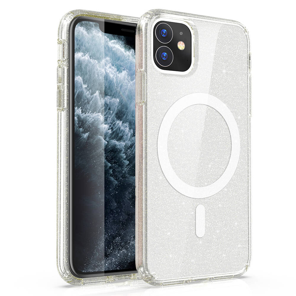 iPhone Uyumlu 11 Kılıf M-safe Şarj Özellikli Parlayan Simli Saydam Renkli Zore Allstar Kapak