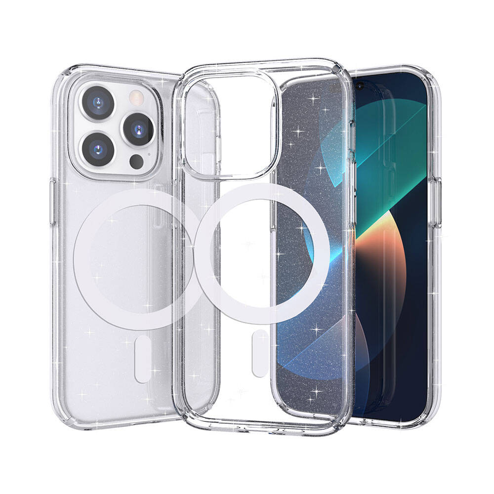 iPhone Uyumlu 14 Pro Kılıf M-safe Şarj Özellikli Parlayan Simli Saydam Renkli Zore Allstar Kapak