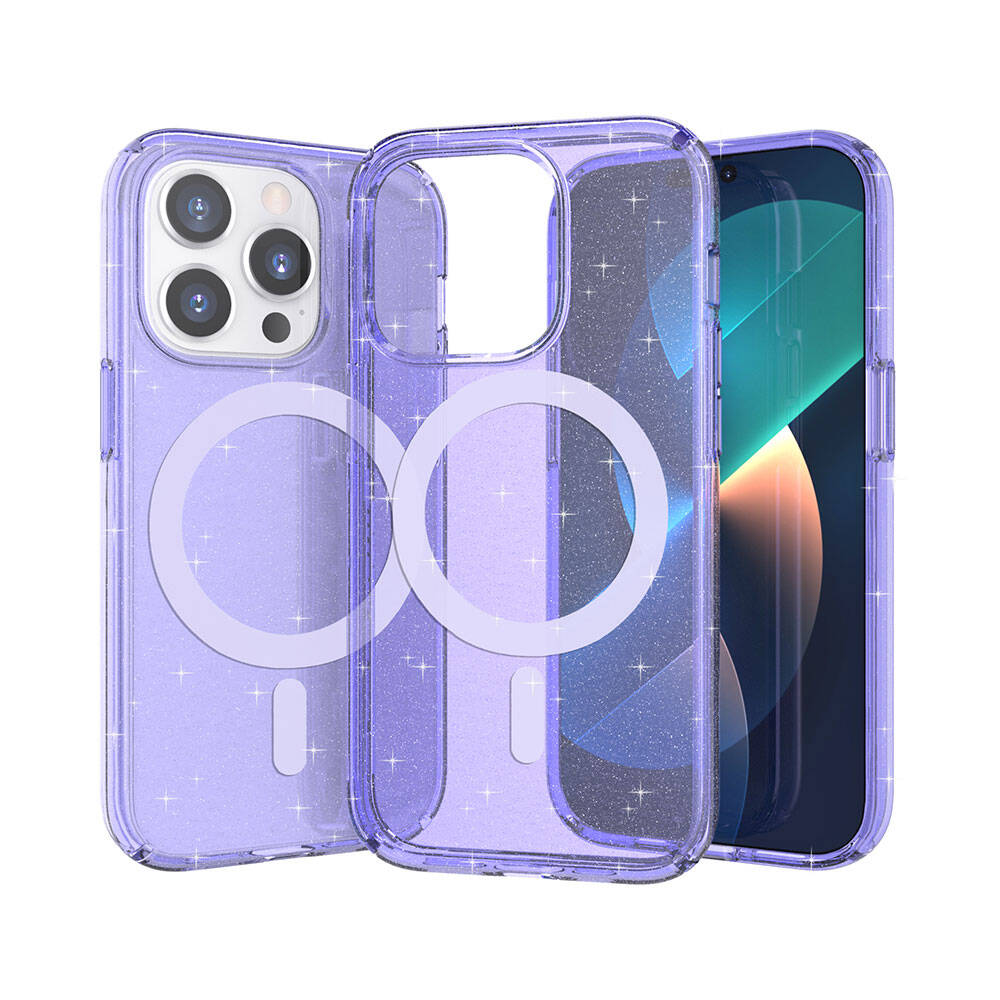 iPhone Uyumlu 14 Pro Max Kılıf M-safe Şarj Özellikli Parlayan Simli Saydam Renkli Zore Allstar Kapak-Mor