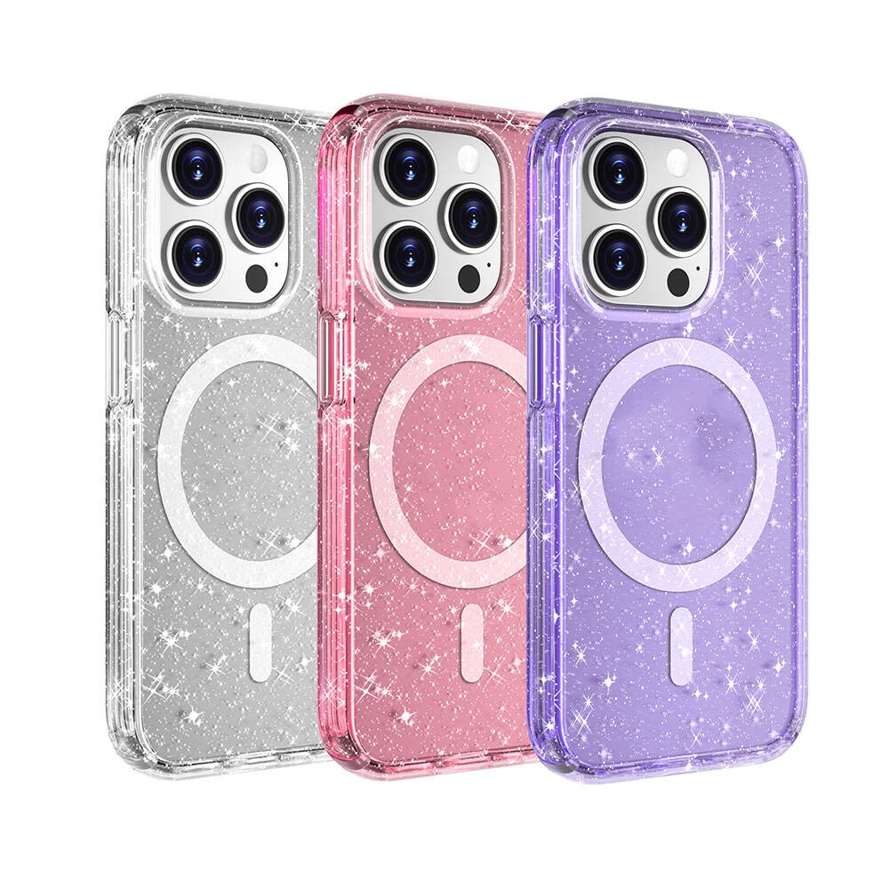 iPhone Uyumlu 15 Pro Kılıf M-safe Şarj Özellikli Parlayan Simli Saydam Renkli Zore Allstar Kapak
