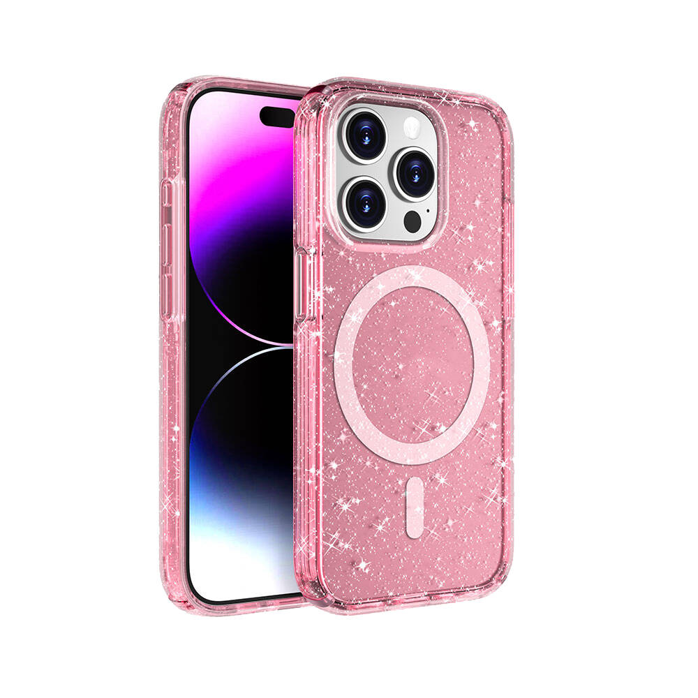 iPhone Uyumlu 15 Pro Kılıf M-safe Şarj Özellikli Parlayan Simli Saydam Renkli Zore Allstar Kapak-Pembe