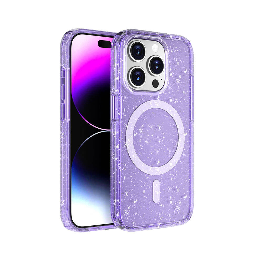 iPhone Uyumlu 15 Pro Max Kılıf M-safe Şarj Özellikli Parlayan Simli Saydam Renkli Zore Allstar Kapak-Mor