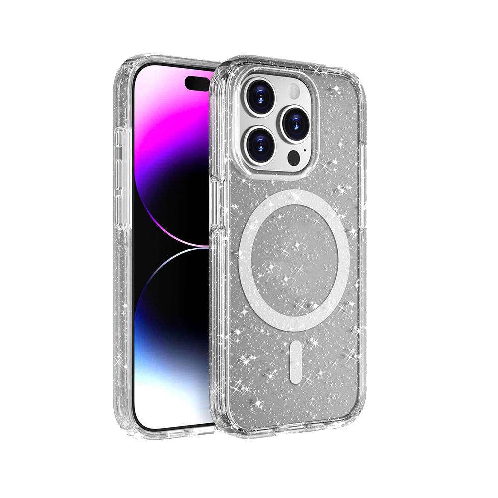 iPhone Uyumlu 15 Pro Max Kılıf M-safe Şarj Özellikli Parlayan Simli Saydam Renkli Zore Allstar Kapak
