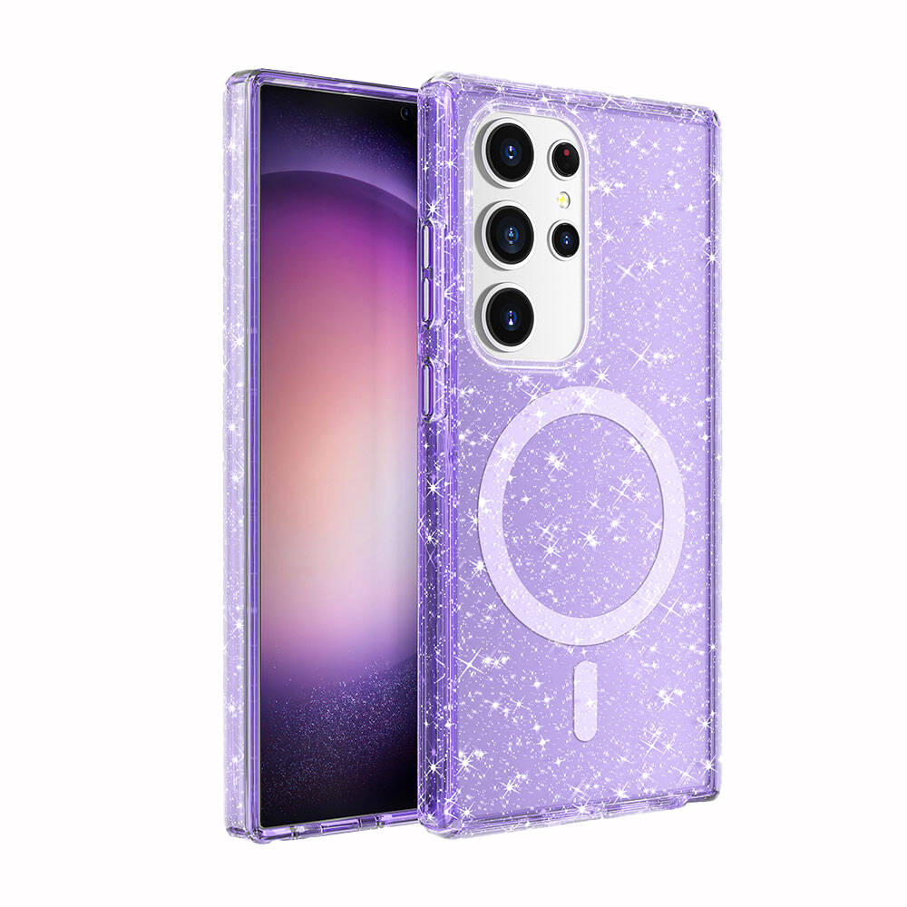 Galaxy Uyumlu S24 Ultra Kılıf M-safe Şarj Özellikli Parlayan Simli Saydam Renkli Zore Allstar Kapak-Mor