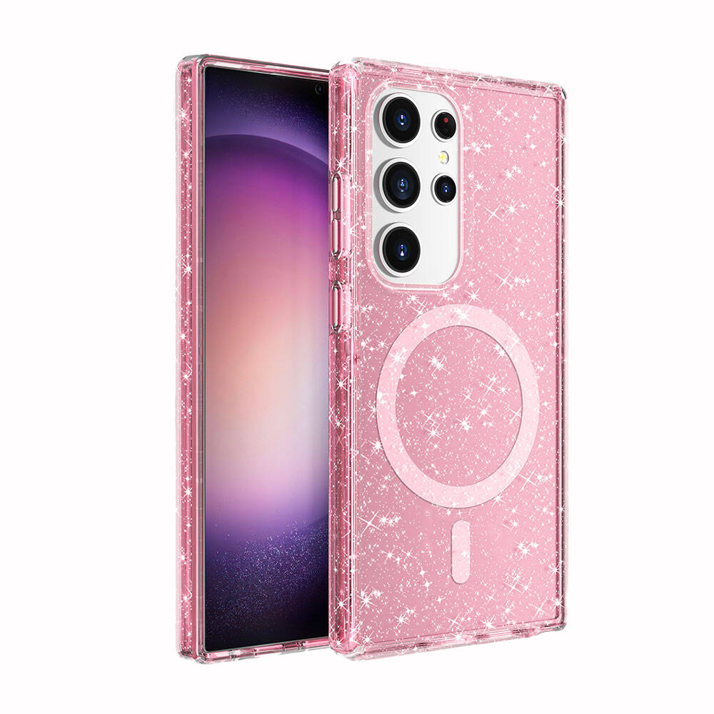 Galaxy Uyumlu S24 Ultra Kılıf M-safe Şarj Özellikli Parlayan Simli Saydam Renkli Zore Allstar Kapak-Pembe
