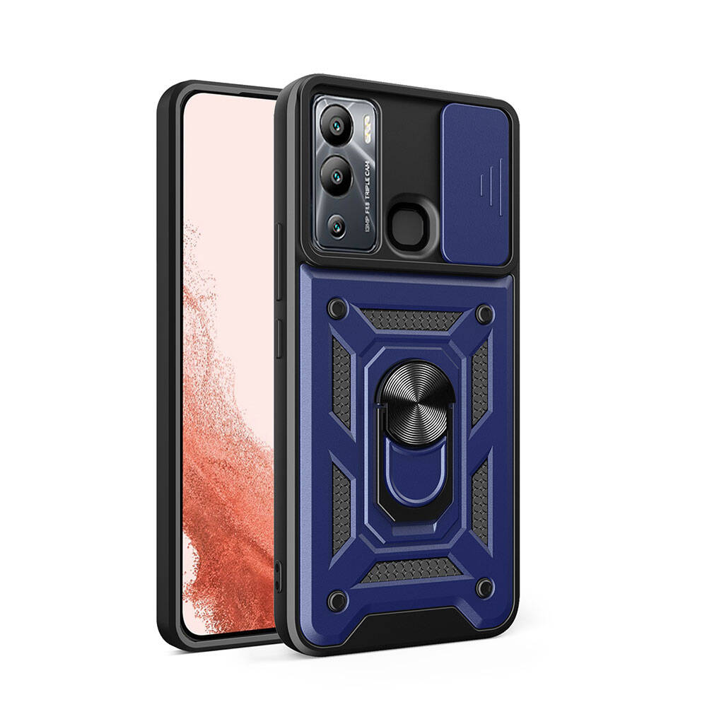 İnfinix Hot 20i Kılıf Magnetik Standlı Kamera Korumalı Zore Sürgülü Vega Kapak-Mavi