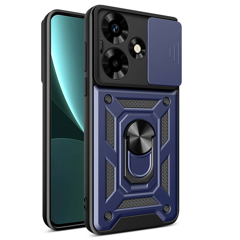 İnfinix Hot 30 Kılıf Magnetik Standlı Kamera Korumalı Zore Sürgülü Vega Kapak-Mavi