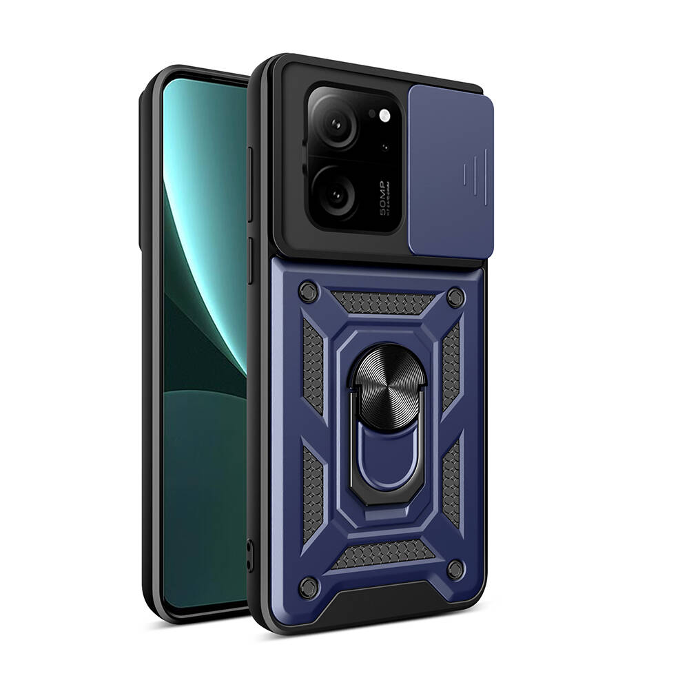 Xiaomi Uyumlu  Mi 13T Pro Kılıf Magnetik Standlı Kamera Korumalı Zore Sürgülü Vega Kapak-Mavi