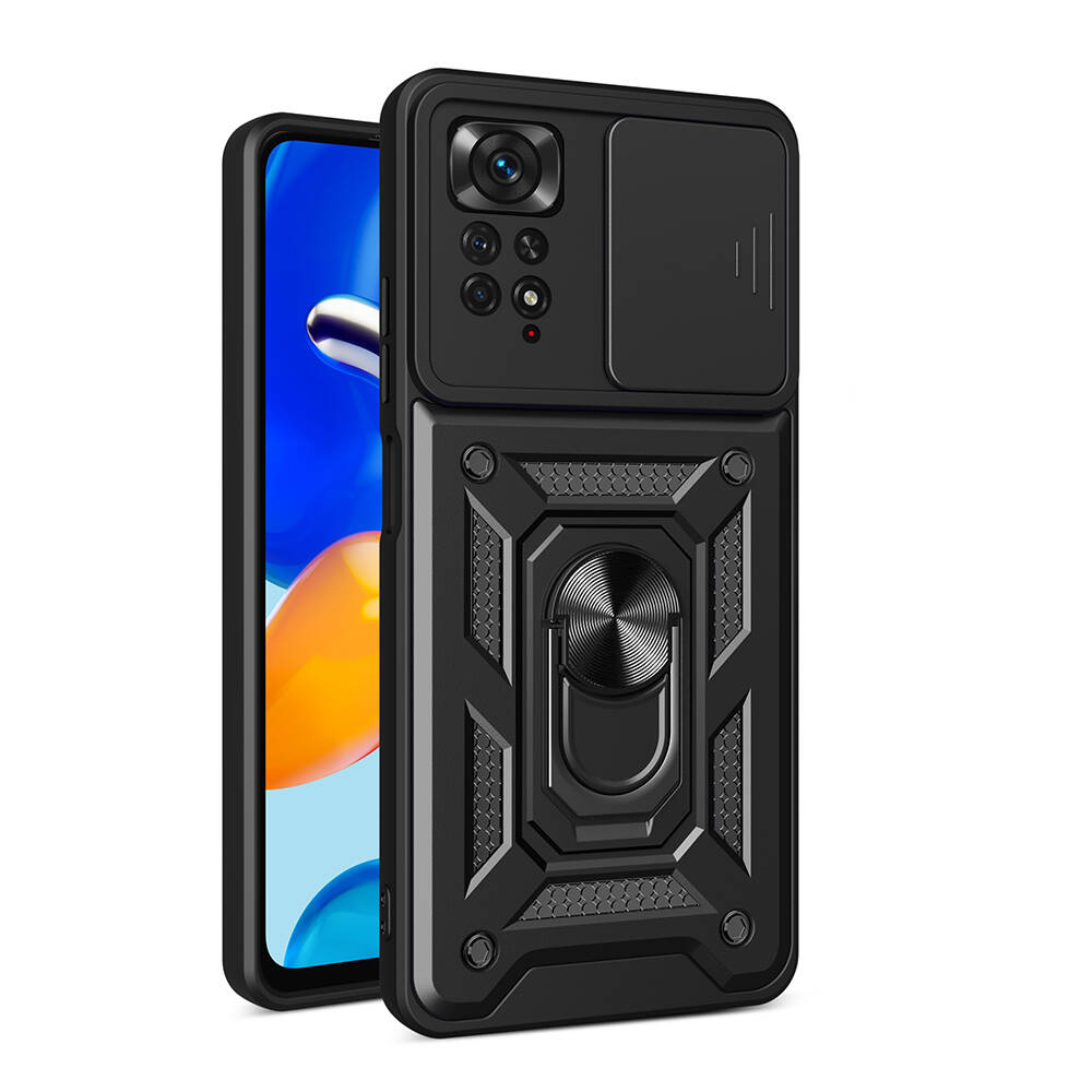 Xiaomi Uyumlu  Redmi Note 11 Pro 4G Kılıf Magnetik Standlı Kamera Korumalı Zore Sürgülü Vega Kapak-Siyah