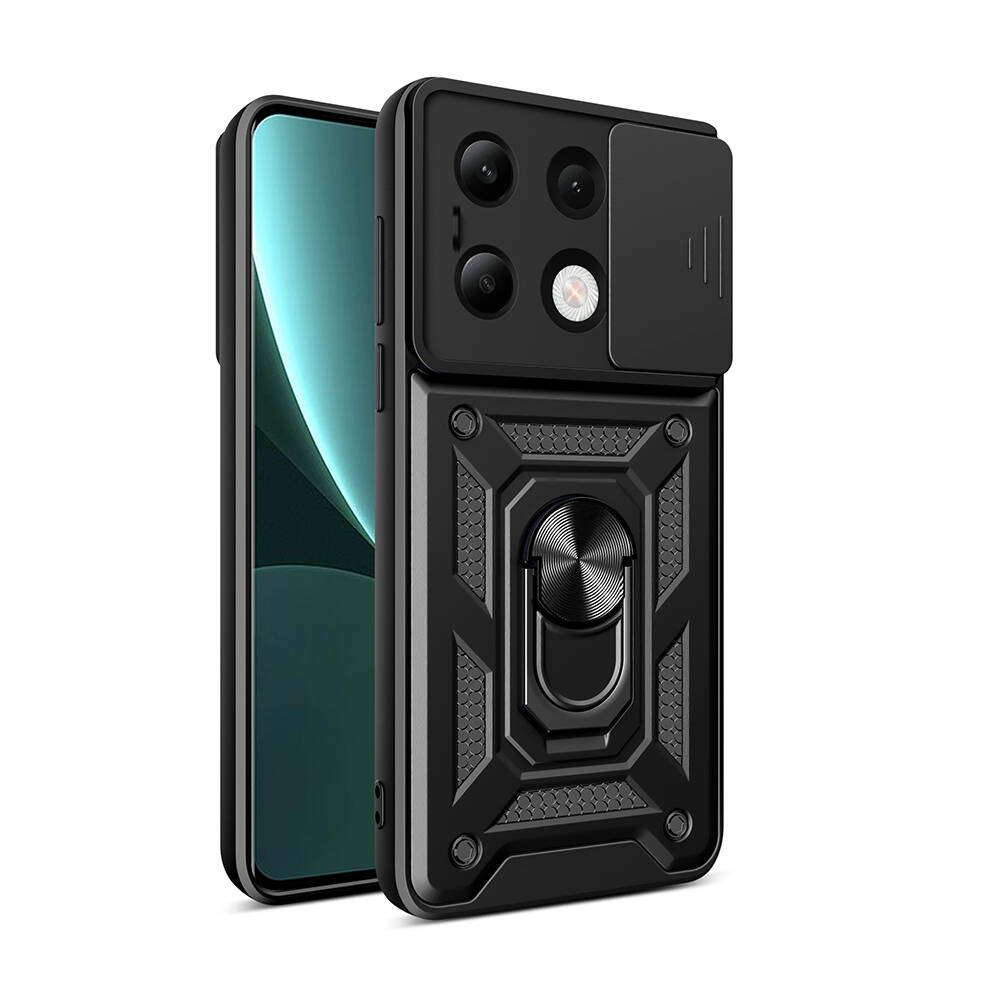 Xiaomi Uyumlu  Redmi Note 13 4G Kılıf Magnetik Standlı Kamera Korumalı Zore Sürgülü Vega Kapak-Siyah