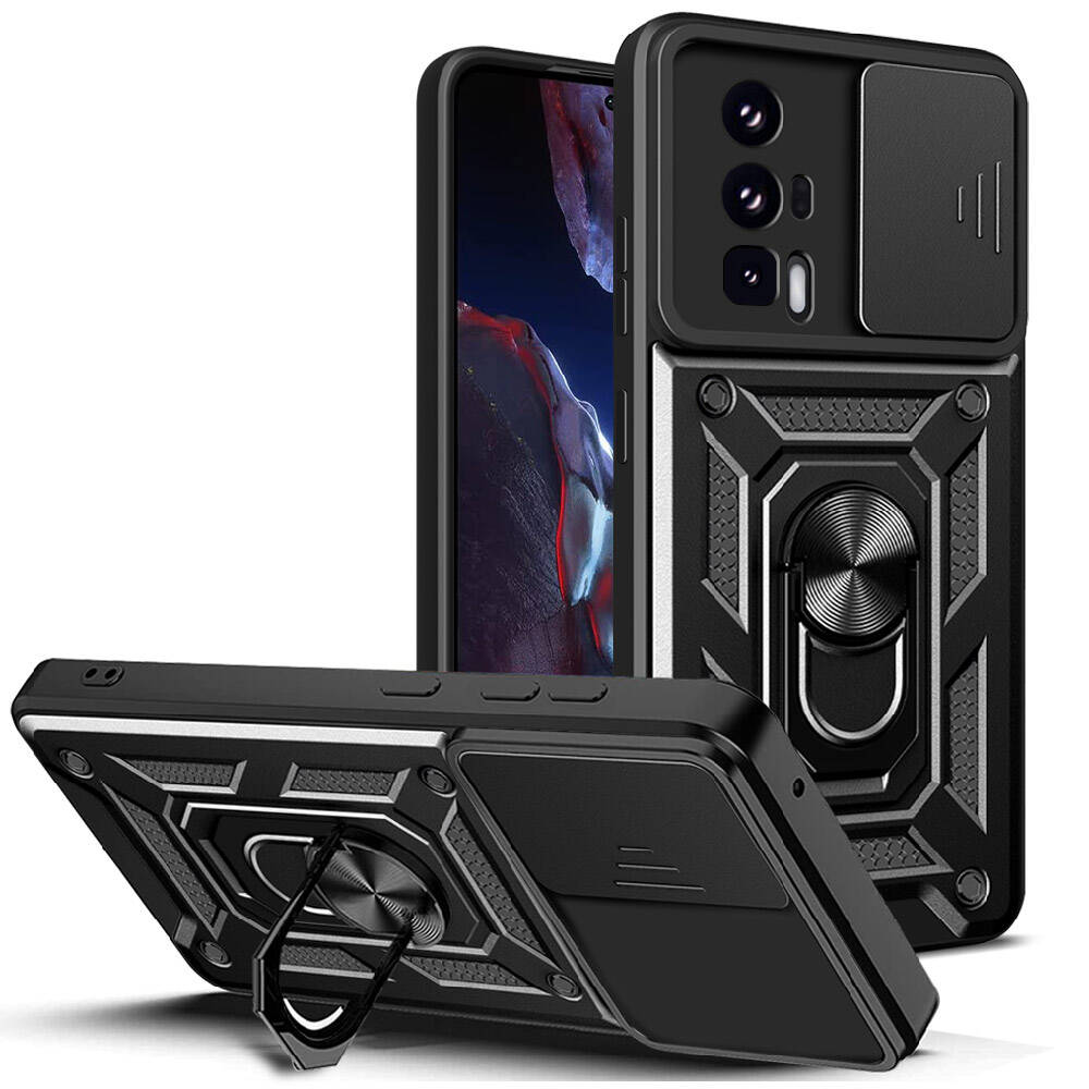 Xiaomi Uyumlu  Poco F5 Pro Kılıf Magnetik Standlı Kamera Korumalı Zore Sürgülü Vega Kapak-Siyah