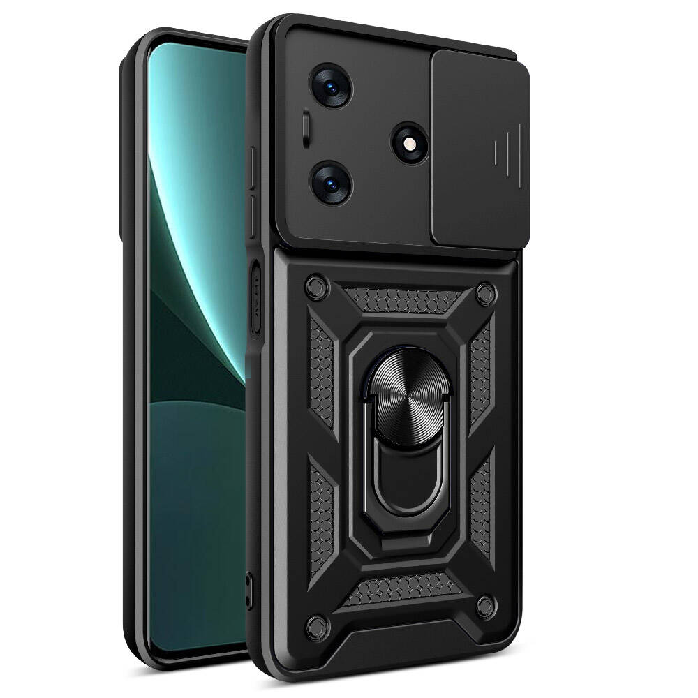 Tecno Spark 10 4G Kılıf Magnetik Standlı Kamera Korumalı Zore Sürgülü Vega Kapak-Siyah