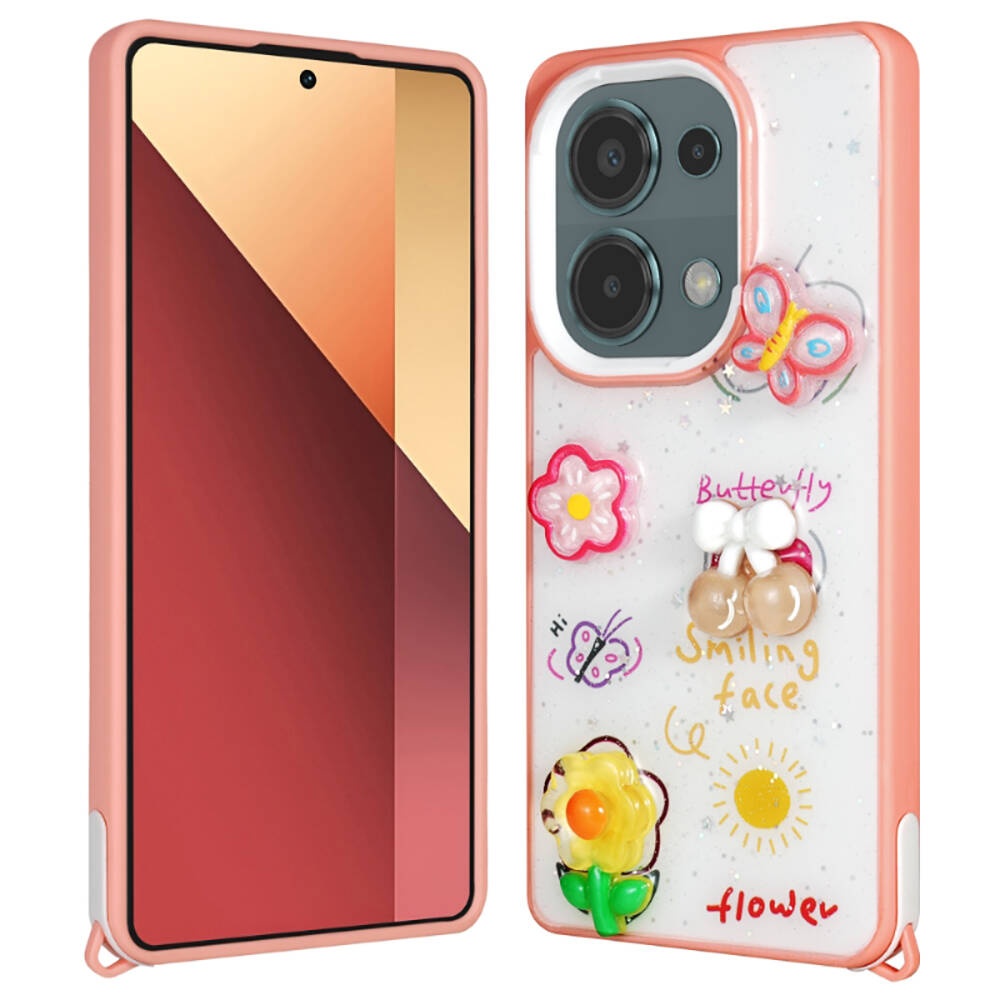 Xiaomi Uyumlu  Redmi Note 13 Pro 4G Kılıf Parlayan Simli Kabartma Figürlü Zore Cevze Kapak-Pembe