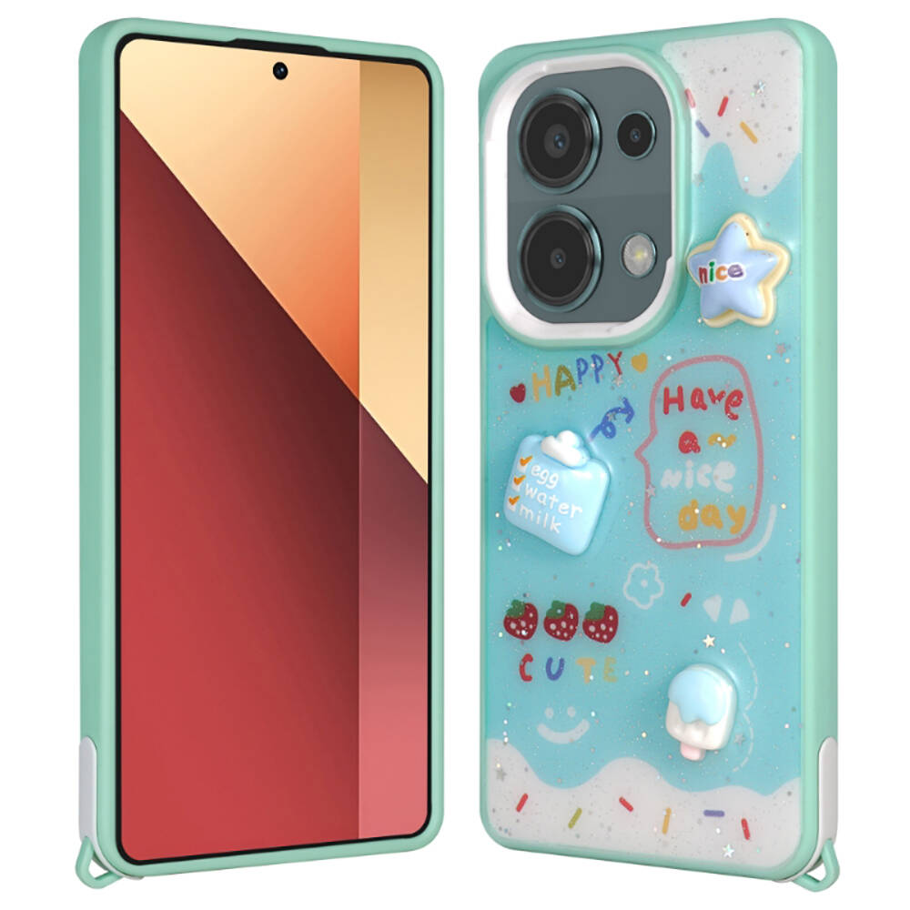 Xiaomi Uyumlu  Redmi Note 13 Pro 4G Kılıf Parlayan Simli Kabartma Figürlü Zore Cevze Kapak-Yeşil