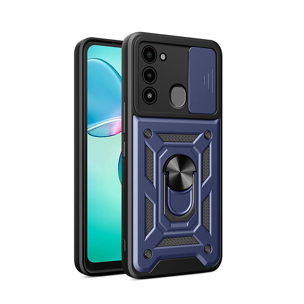 Tecno Spark 8C Kılıf Magnetik Standlı Kamera Korumalı Zore Sürgülü Vega Kapak-Mavi