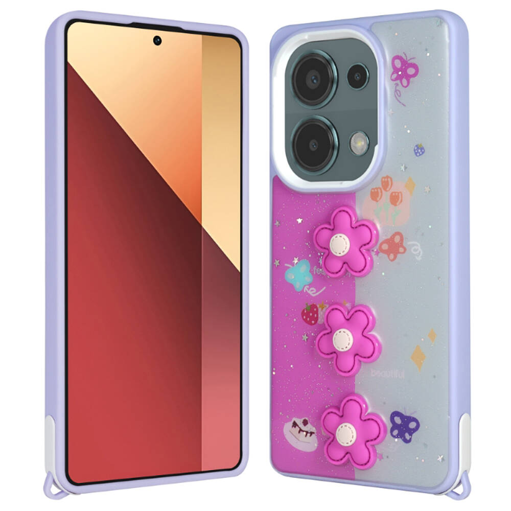 Xiaomi Uyumlu  Poco M6 Pro 4G Kılıf Parlayan Simli Kabartma Figürlü Zore Cevze Kapak-Mor papatya