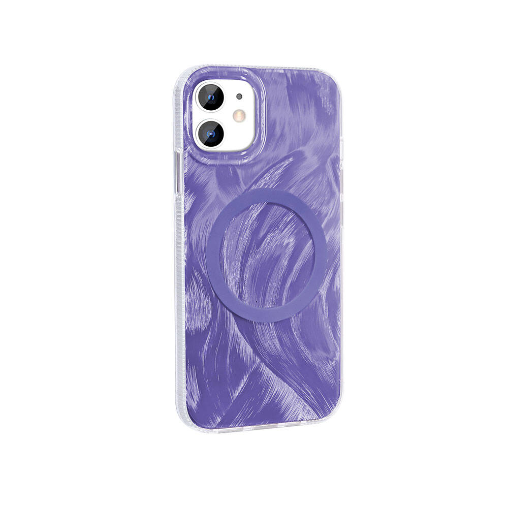 iPhone Uyumlu 11 Kılıf M-safe Şarj Özellikli Fırça Boya Desenli Zore Palet Kapak-Mor