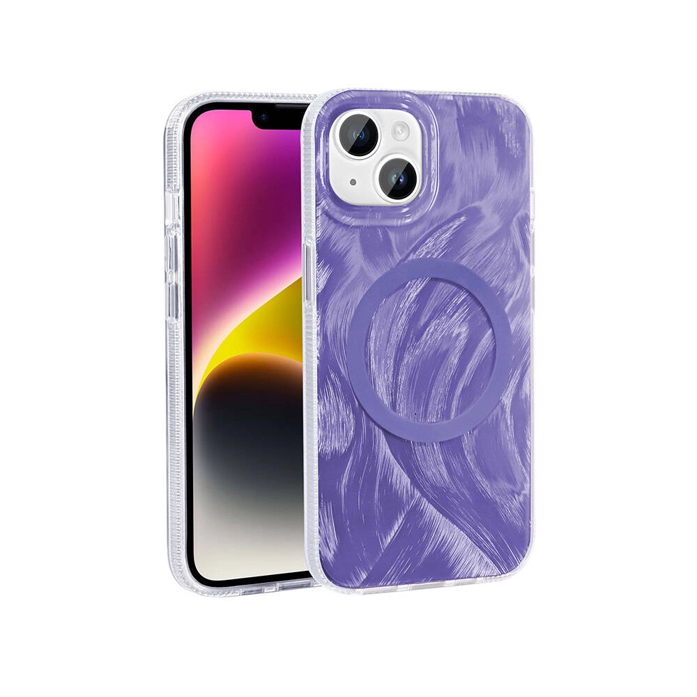 iPhone Uyumlu 14 Kılıf M-safe Şarj Özellikli Fırça Boya Desenli Zore Palet Kapak