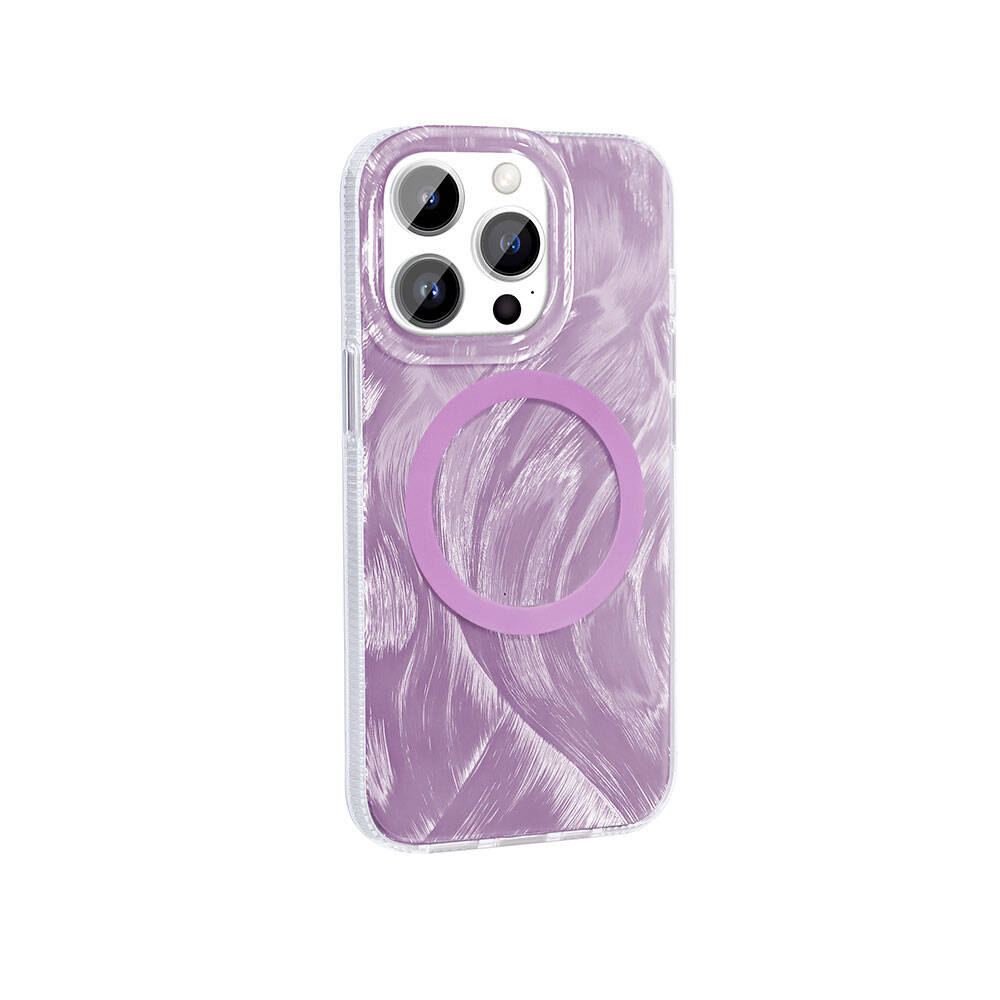 iPhone Uyumlu 14 Pro Kılıf M-safe Şarj Özellikli Fırça Boya Desenli Zore Palet Kapak-Pembe