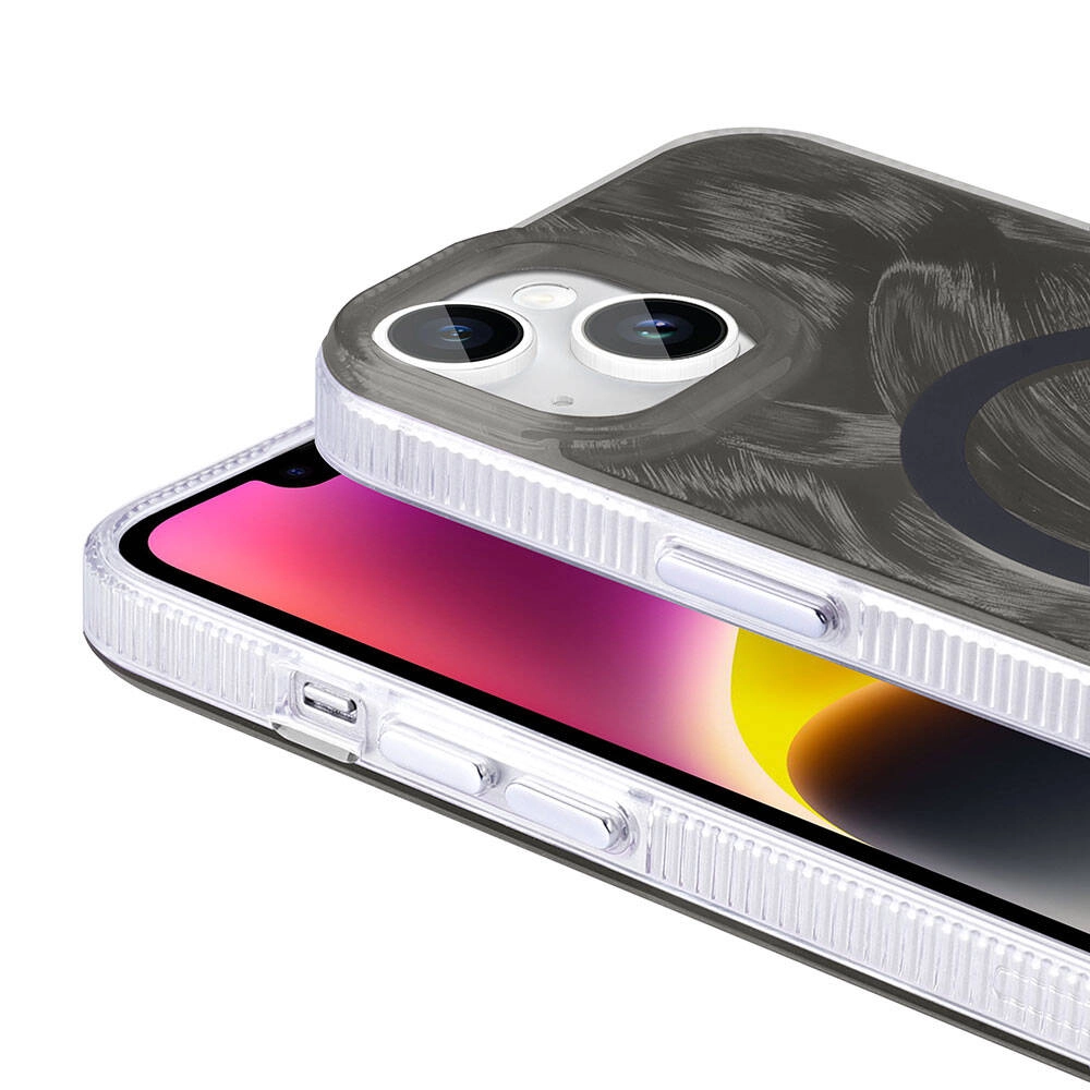 iPhone Uyumlu 15 Kılıf M-safe Şarj Özellikli Fırça Boya Desenli Zore Palet Kapak