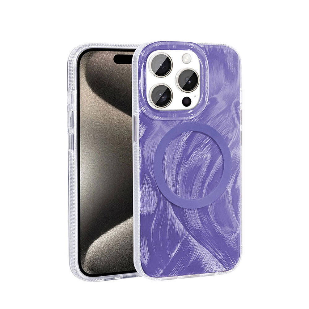 iPhone Uyumlu 15 Pro Kılıf M-safe Şarj Özellikli Fırça Boya Desenli Zore Palet Kapak