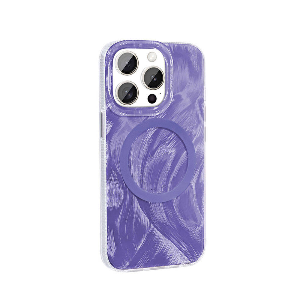 iPhone Uyumlu 15 Pro Max Kılıf M-safe Şarj Özellikli Fırça Boya Desenli Zore Palet Kapak-Mor