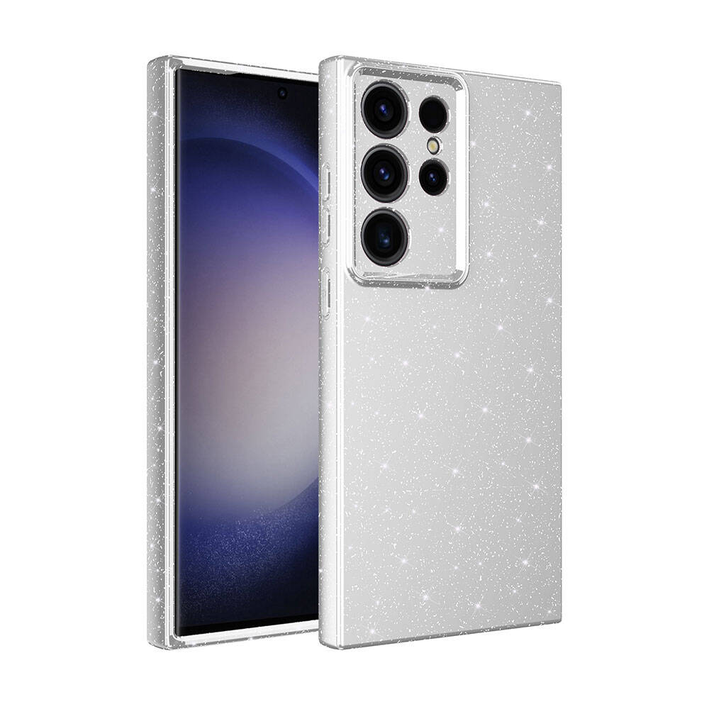 Galaxy Uyumlu S24 Ultra Kılıf Kamera Korumalı Simli Lüks Zore Koton Kapak-Gümüş
