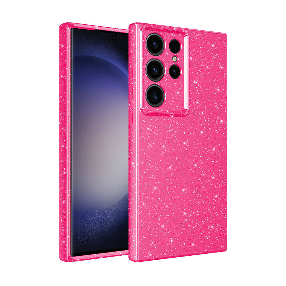 Galaxy Uyumlu S24 Ultra Kılıf Kamera Korumalı Simli Lüks Zore Koton Kapak-Pembe koyu