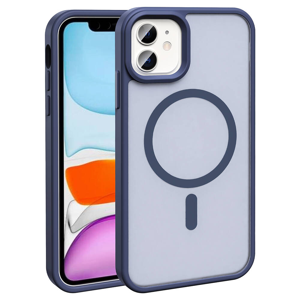 iPhone Uyumlu 11 Kılıf M-safe Şarj Özellikli Mat Arka Yüzey Zore Sio Kapak-Lacivert