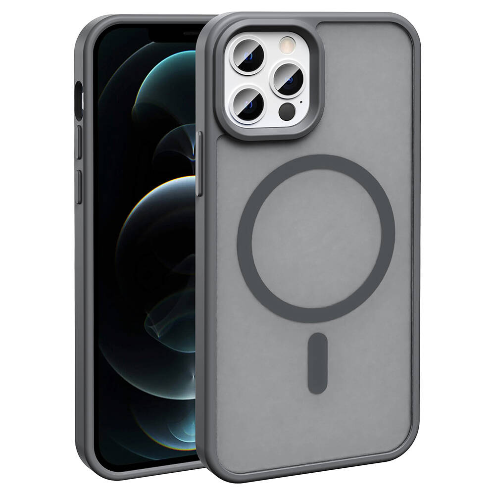iPhone Uyumlu 12 Pro Kılıf M-safe Şarj Özellikli Mat Arka Yüzey Zore Sio Kapak-Gri