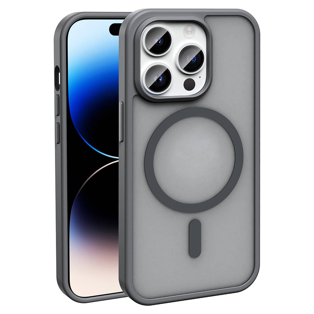 iPhone Uyumlu 14 Pro Max Kılıf M-safe Şarj Özellikli Mat Arka Yüzey Zore Sio Kapak-Gri