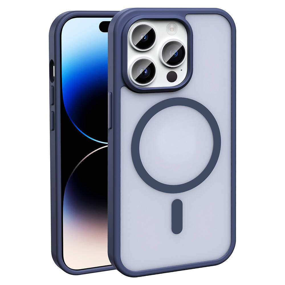 iPhone Uyumlu 14 Pro Max Kılıf M-safe Şarj Özellikli Mat Arka Yüzey Zore Sio Kapak-Lacivert