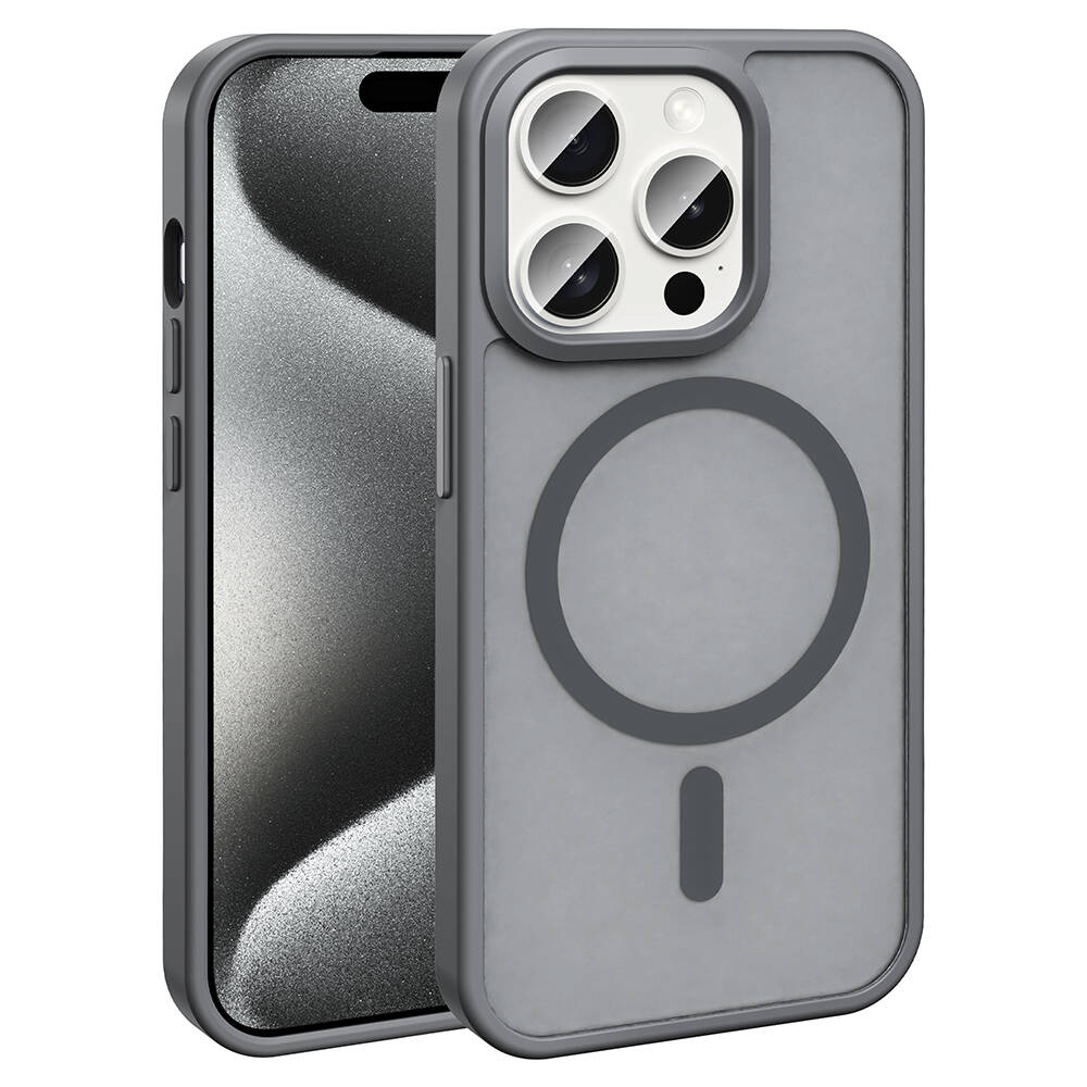 iPhone Uyumlu 15 Pro Max Kılıf M-safe Şarj Özellikli Mat Arka Yüzey Zore Sio Kapak-Gri
