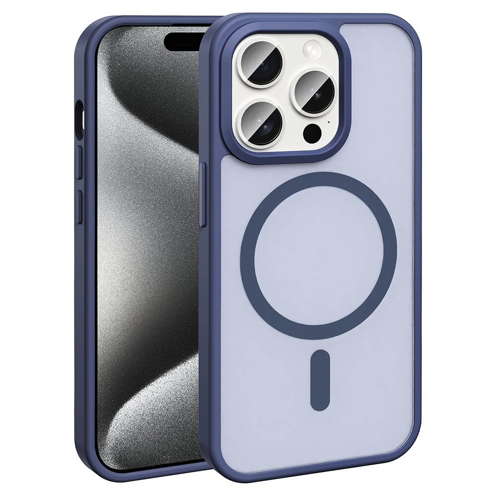 iPhone Uyumlu 15 Pro Max Kılıf M-safe Şarj Özellikli Mat Arka Yüzey Zore Sio Kapak-Lacivert